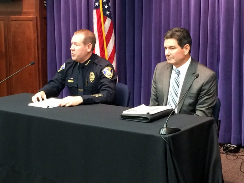 Modesto Police Chief Eric Jones on left, and Rick Braziel with the Police Foundation on right.